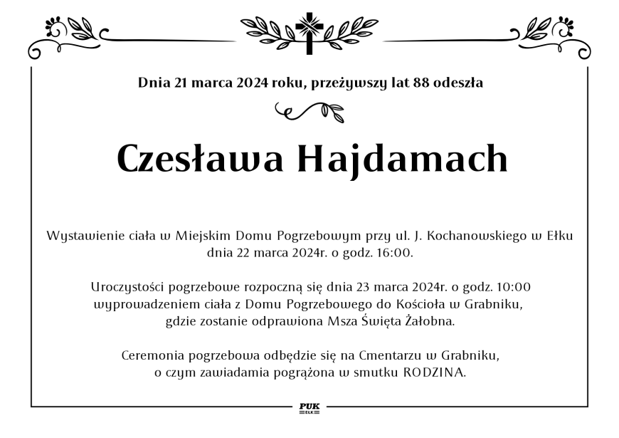 Czesława Hajdamach - nekrolog